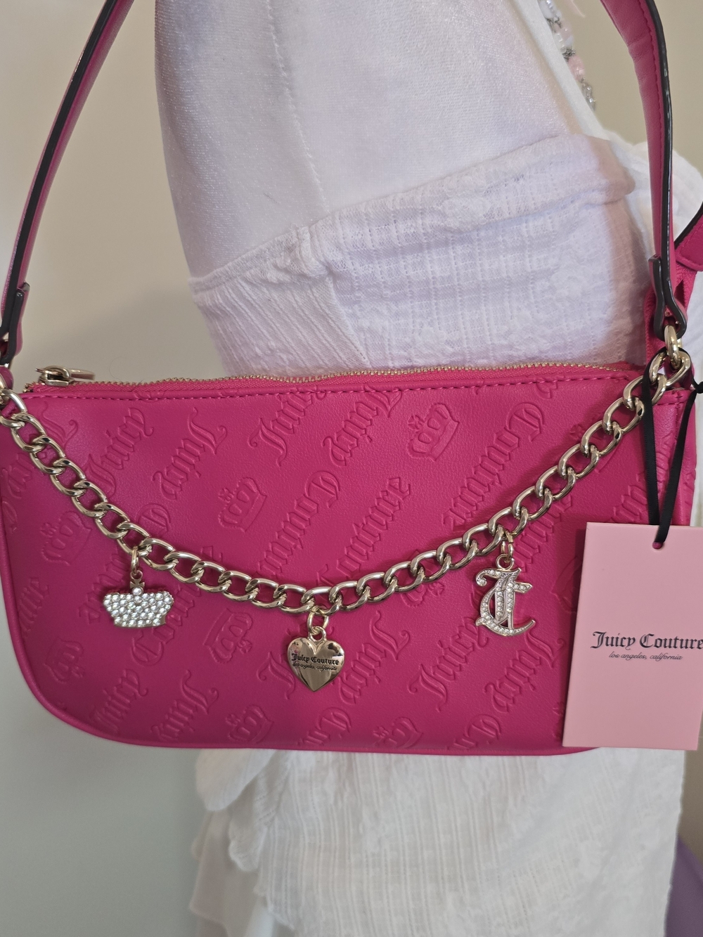 NWT Juicy Couture Hot Pink Debossed Gothic Logo Shoulder Bag Charm Baguette Y2K